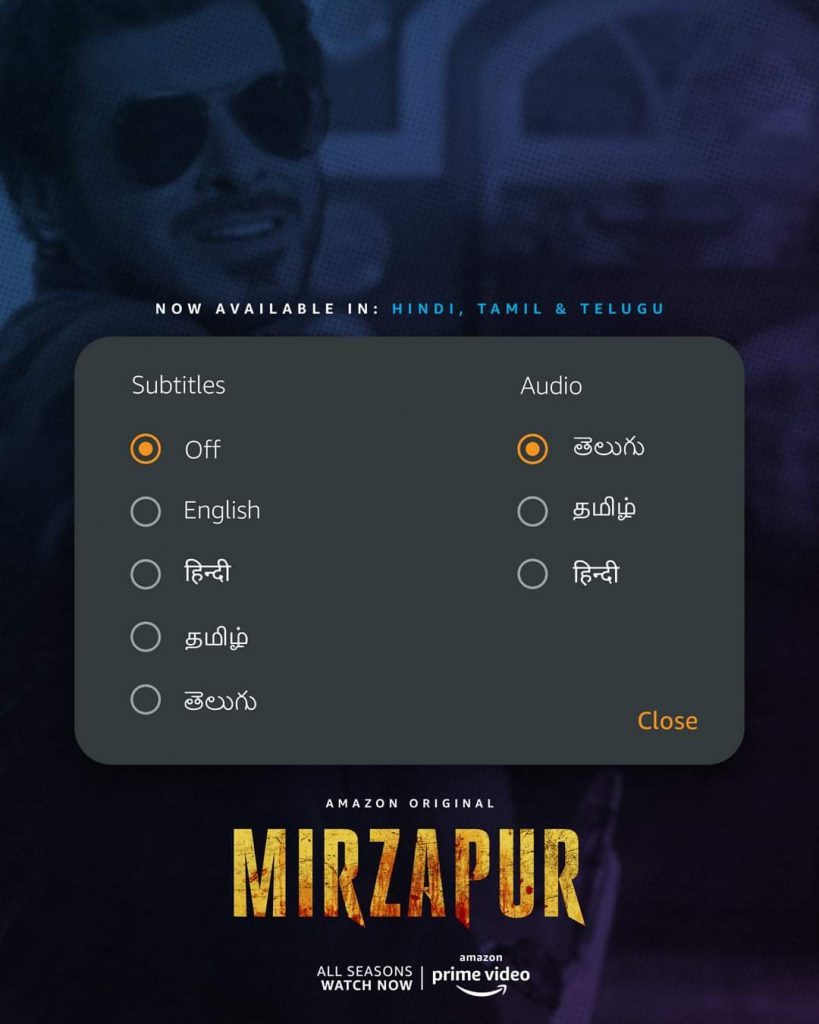 Mirzapur Season 2 Now Streaming In Tamil & Telugu Dub and Sub