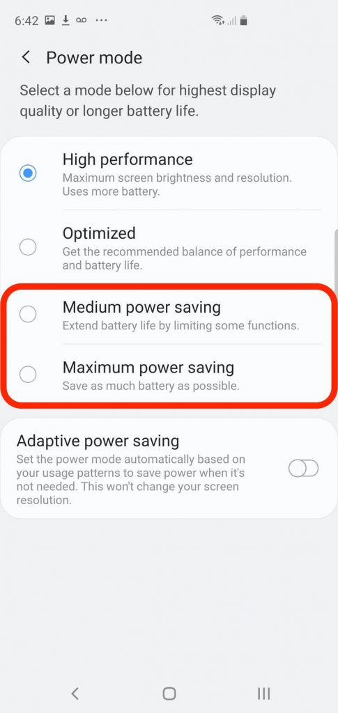 Battery Saving mode on Samsung galaxy s10