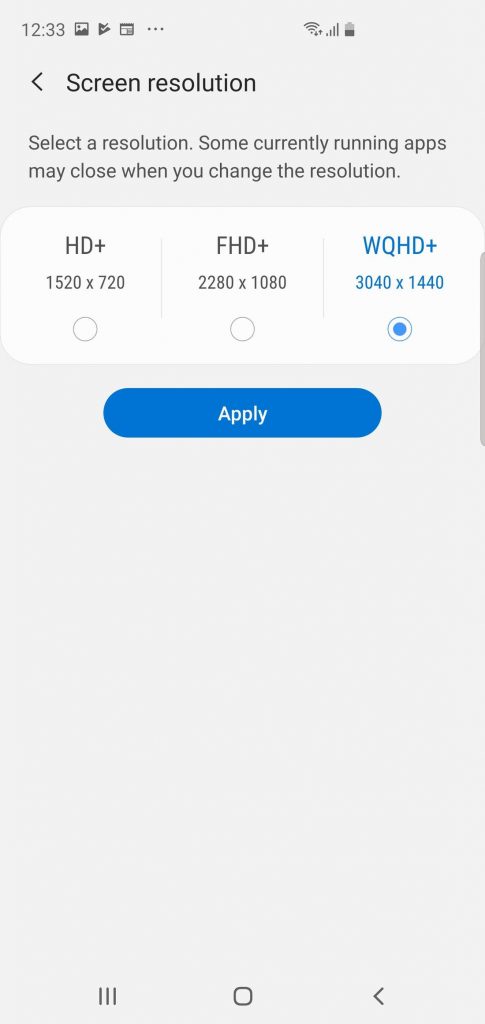 change screen resolution for reduce battery drain in Samsung galaxy s10