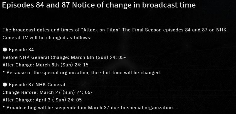 Episodes 84 and 87 notice change in broadcast time