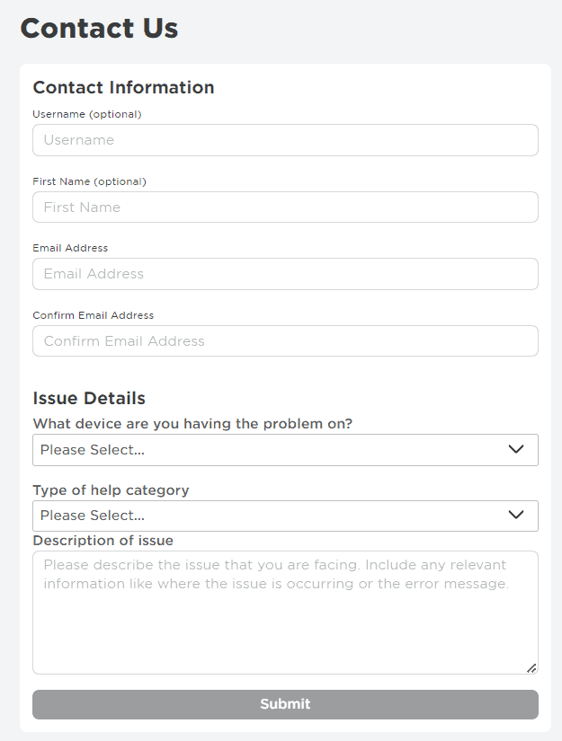Contact Us Form for Unban Roblox