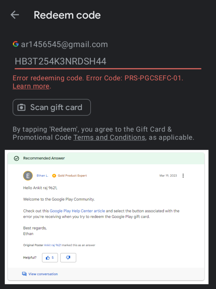 Google Play Redeem Gift Card Error Code PRSPGCSEFC01