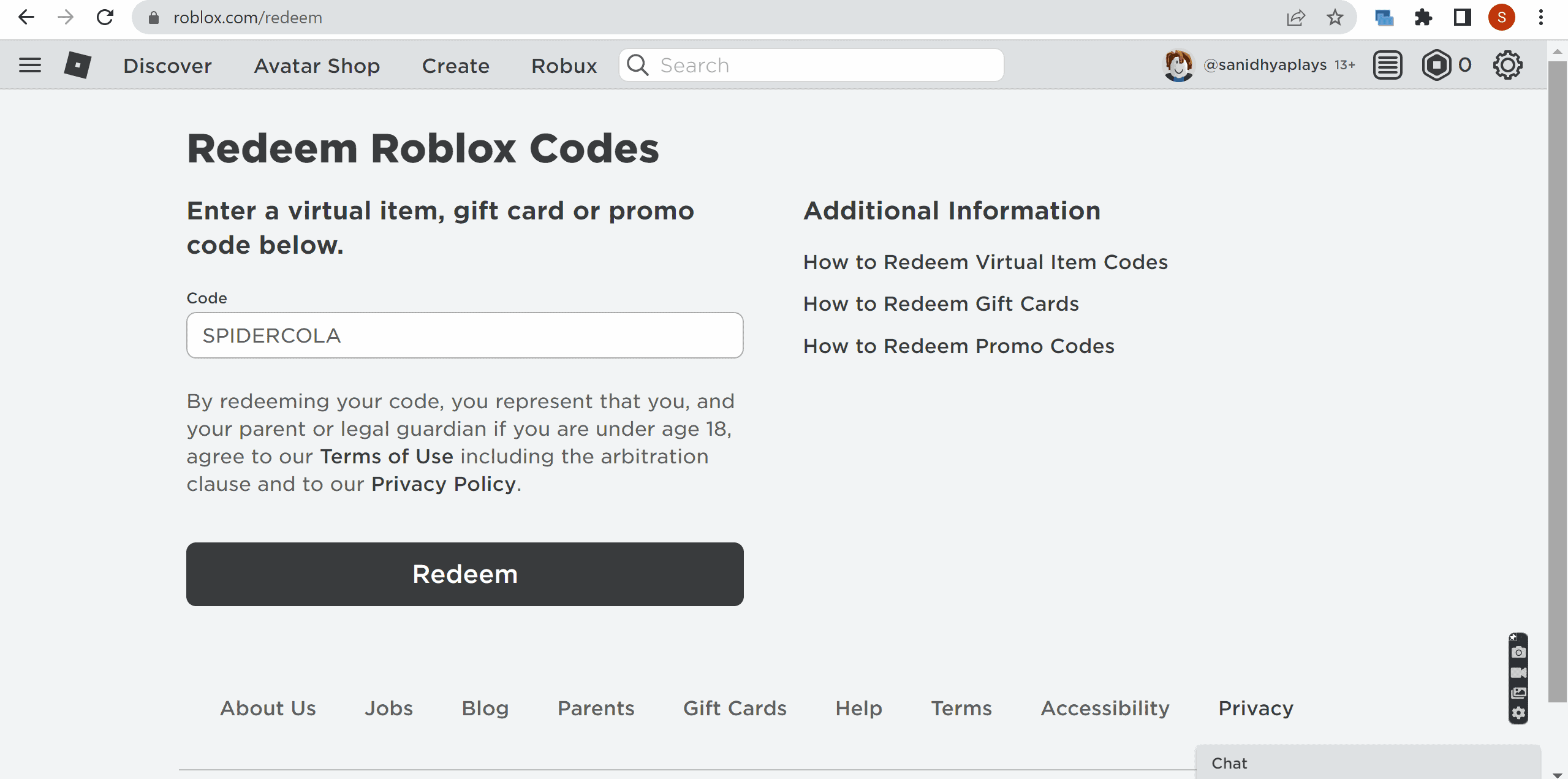 Step 3: Enter one of the Roblox Promo Codes (which is listed at the end of this article) in the white bar