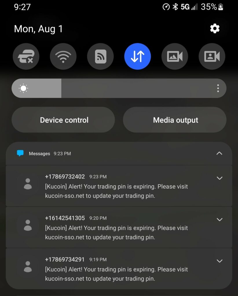 KuCoin 'Your trading pin is expiring' SMS and Phishing Link scam acknowledged officially