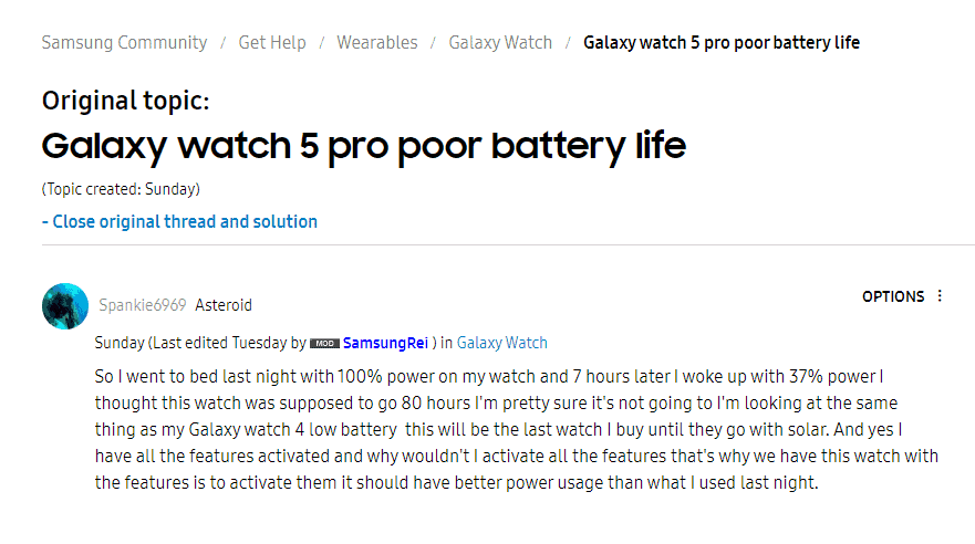 Many Samsung Galaxy Watch 5 Pro users complaining of terrible battery life