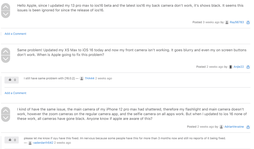 Reports of iOS 16 Camera issues like lag, out of focus, freeze, or simply refusing to work
