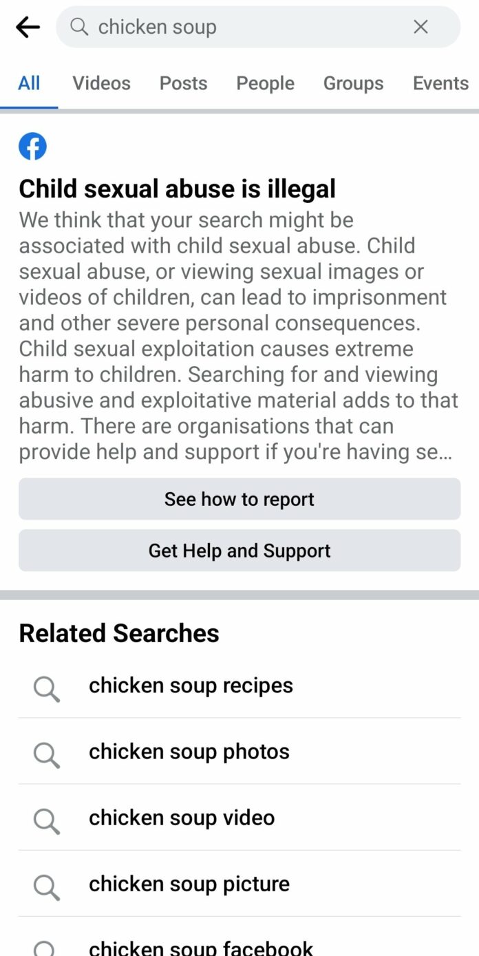 Why is ‘Chicken soup’ search on Facebook returning abuse warning?