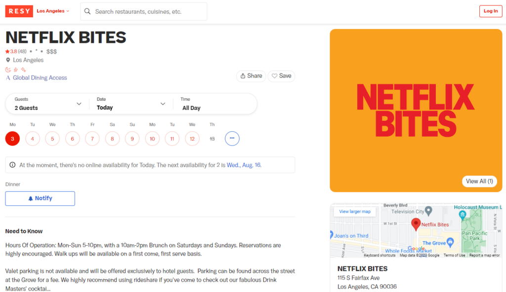 Book Netflix Bites reservation and check out the booking price and the nearest availability