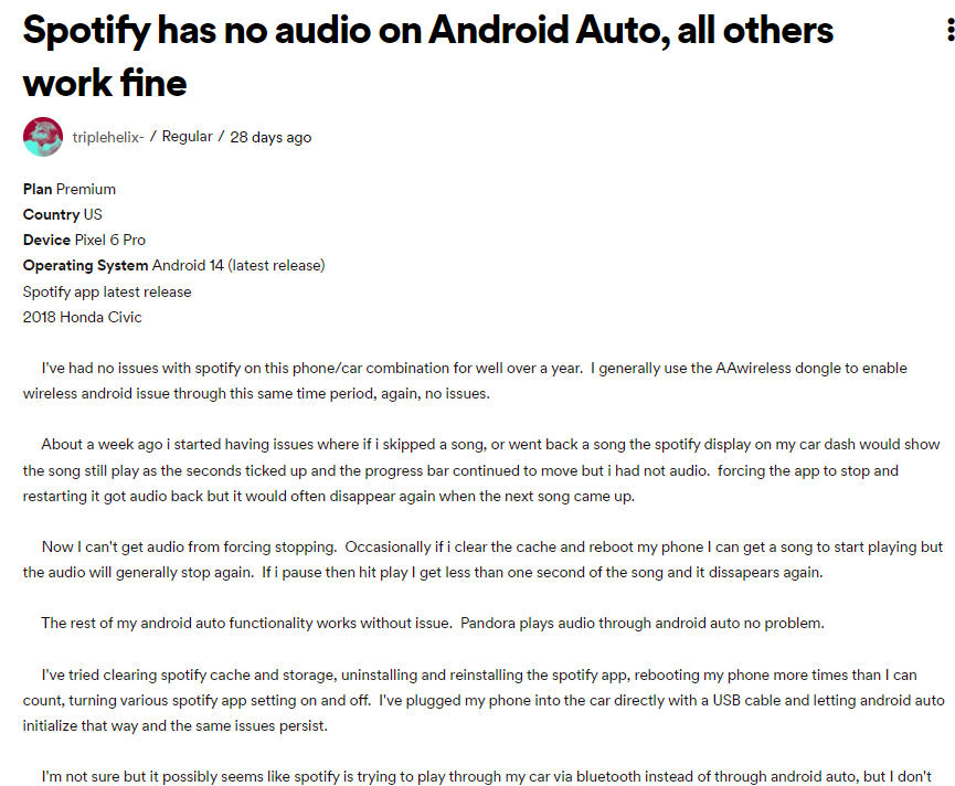 Spotify issues on Android Auto- No sound after Android 14 update! No ETA for fix