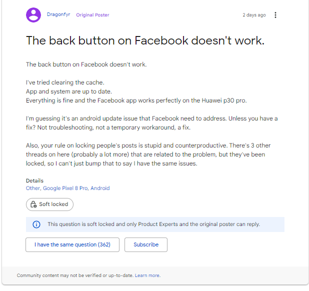 Why is the back button not working on Facebook for Android only?