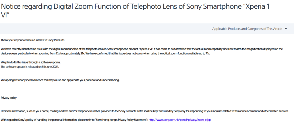 Sony officially announces zoom issue with Xperia 1 VI